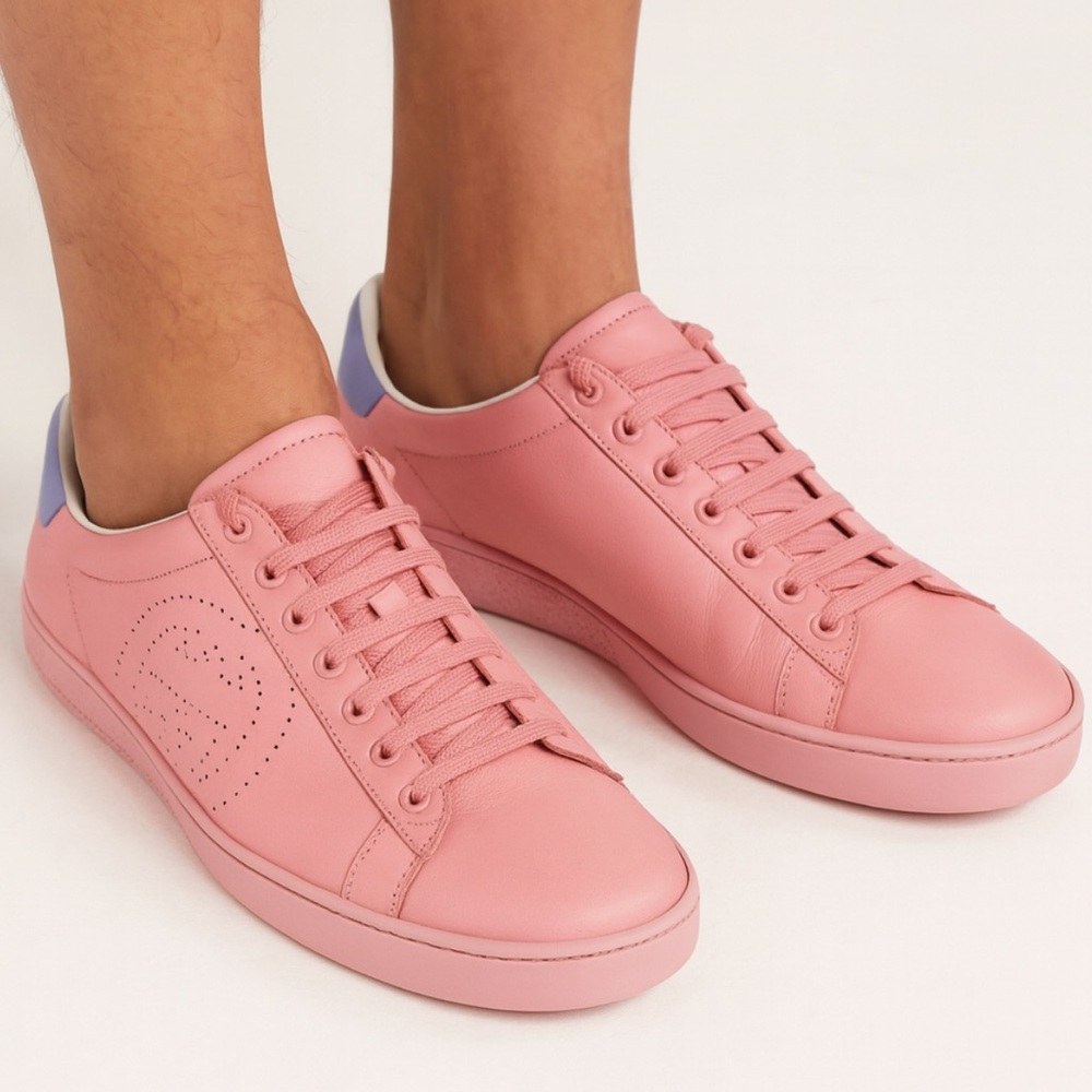 GUCCI Men Pink & Purple Leather New Ace Athletic Sneakers Size 39.5